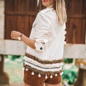 Zara Cotton Denim Jacket Fringe Embellished Lightweight Oversized Womens Size XS